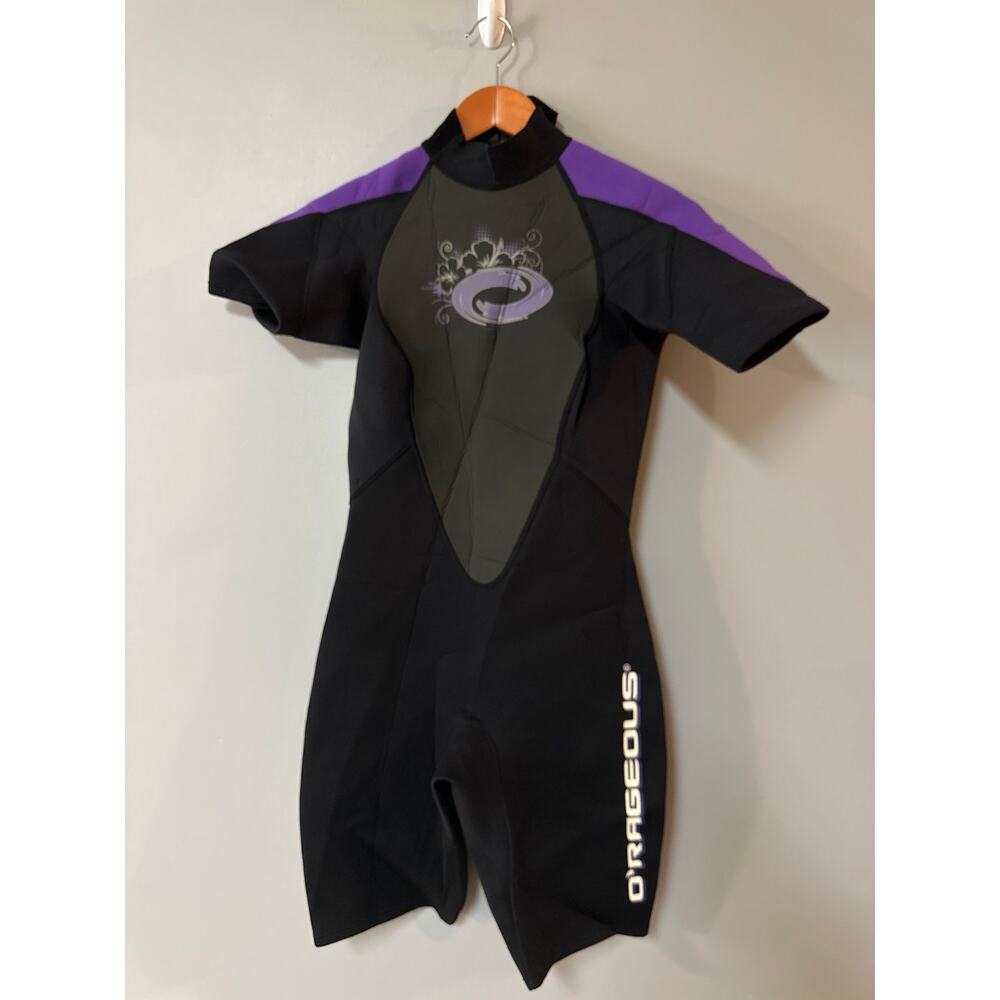 O’Rageous Womens Wetsuit Size 10 Shorty Black Purple Surf Swim Neoprene Suit